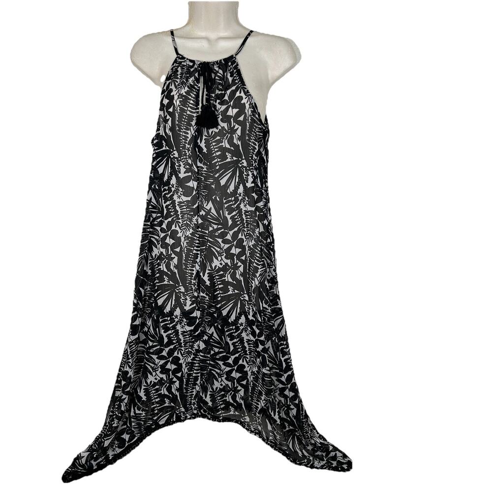 Old Navy Womens Sz M polyester sheer chiffon dress tassels pompoms asymetric hem